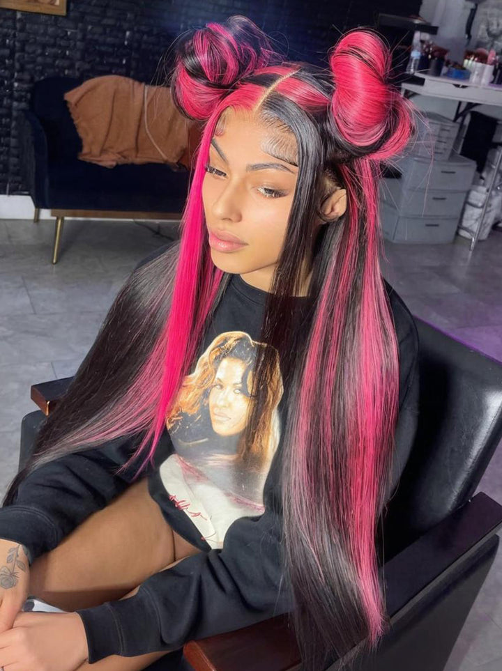Dorsanee Black With Red Highlight Streaks 13x4 Lace Front Human Hair Wigs