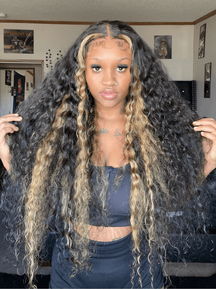Dorsanee 300 Density Black With Brown Skunk Stripe Highlights 13x4 Lace Front Human Hair Wigs