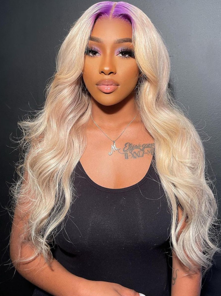 Dorsanee 613 Blonde Wig With Lavender Purple  Roots 200 Density 13x4 Lace Front Body Wave Human Hair Wigs