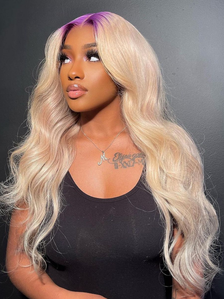 Dorsanee 613 Blonde Wig With Lavender Purple  Roots 200 Density 13x4 Lace Front Body Wave Human Hair Wigs