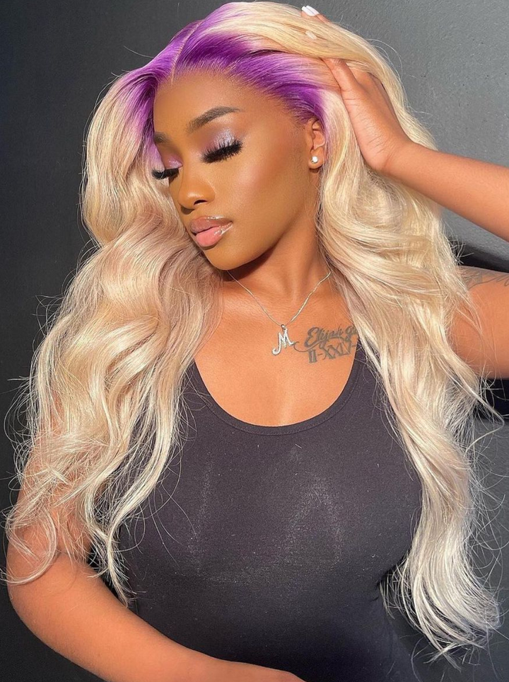 Dorsanee 613 Blonde Wig With Lavender Purple  Roots 200 Density 13x4 Lace Front Body Wave Human Hair Wigs