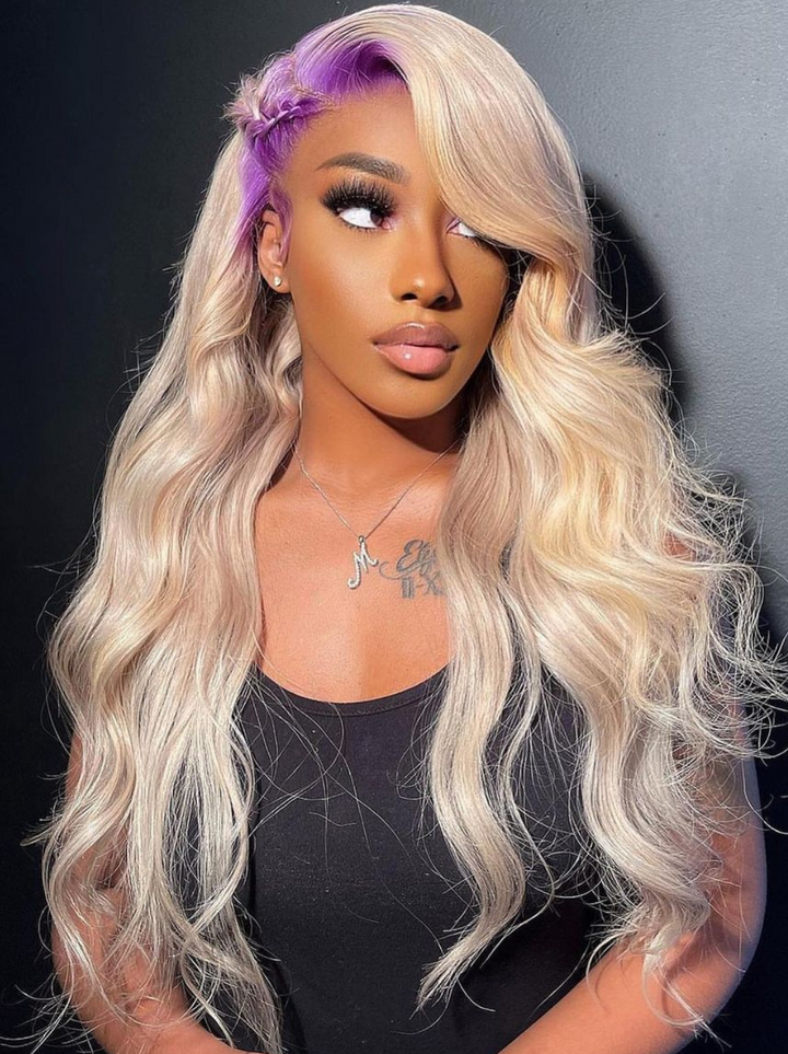 Dorsanee 613 Blonde Wig With Lavender Purple  Roots 200 Density 13x4 Lace Front Body Wave Human Hair Wigs