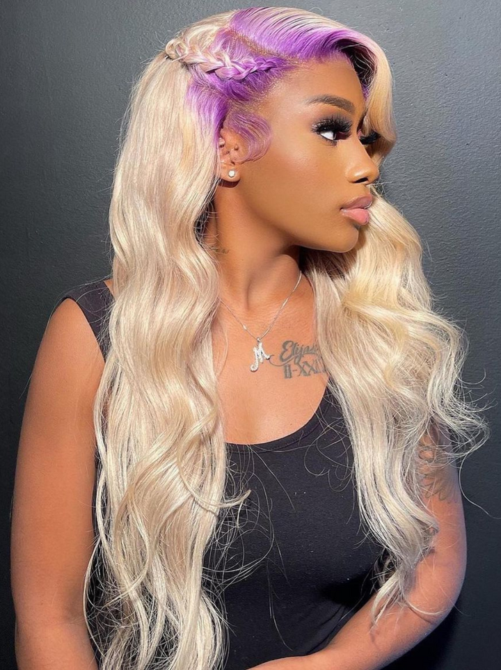 Dorsanee 613 Blonde Wig With Lavender Purple  Roots 200 Density 13x4 Lace Front Body Wave Human Hair Wigs