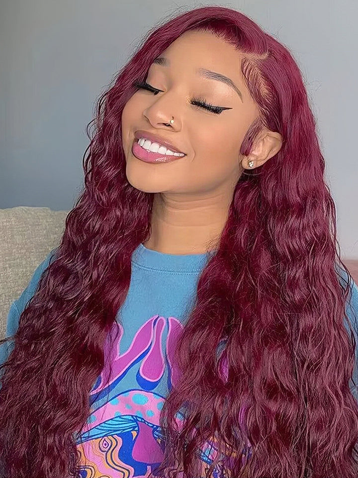Dorsanee 99J Burgundy 13x4 Lace Front Water Wave Human Hair Wigs 5x5 Lace Closure Wig Colored Wig
