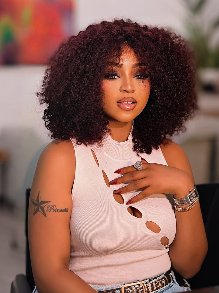 Dorsanee 99J Burgundy Kinky Curly 13x4 Lace Front Human Hair Wig Short Bob Wigs