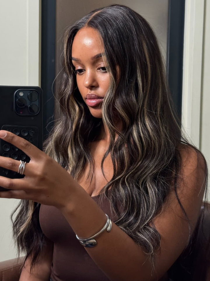 Dorsanee Balayage Black Brown Highlight Streaks 13x4 Lace Front Human Hair Wigs 200 Density