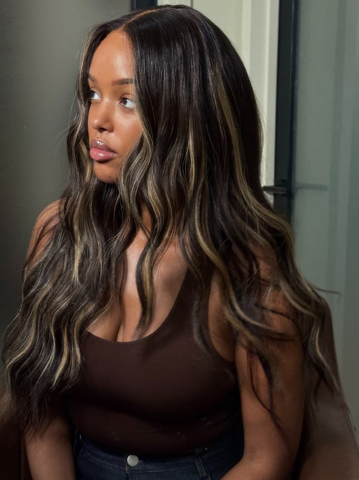 Dorsanee Balayage Black Brown Highlight Streaks 13x4 Lace Front Human Hair Wigs 200 Density