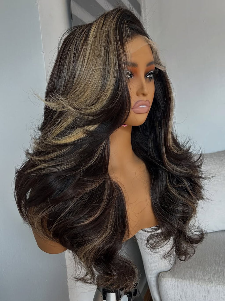 Dorsanee Balayage Black Brown Highlights 13x4 Lace Front Virgin Human Hair Wigs