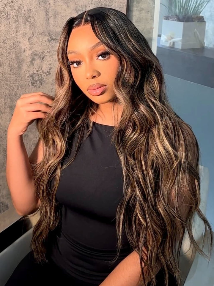 Dorsanee Balayage Brown Highlights Beach Body Wave 13x4 Lace Front Human Hair Wigs