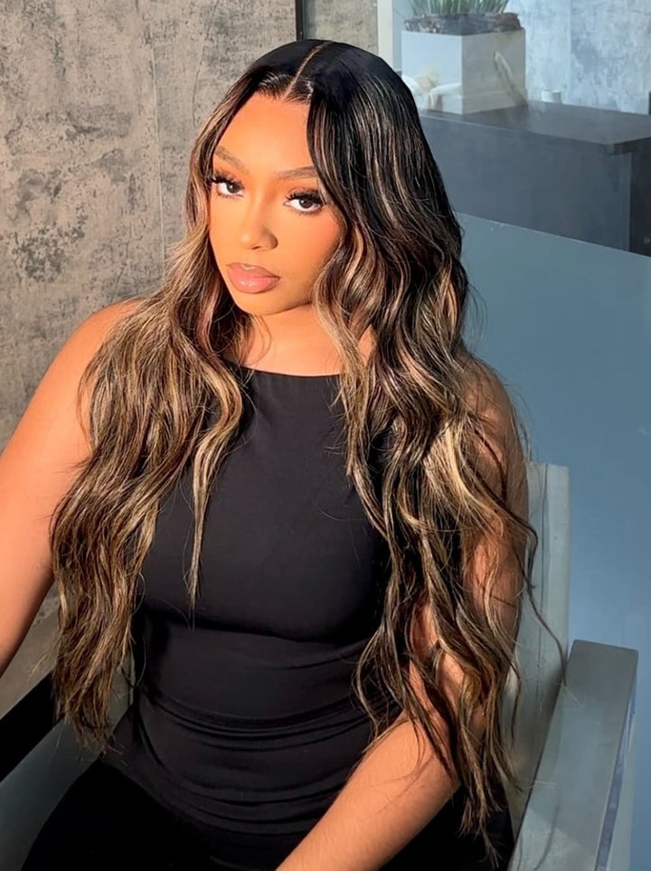 Dorsanee Balayage Brown Highlights Beach Body Wave 13x4 Lace Front Human Hair Wigs