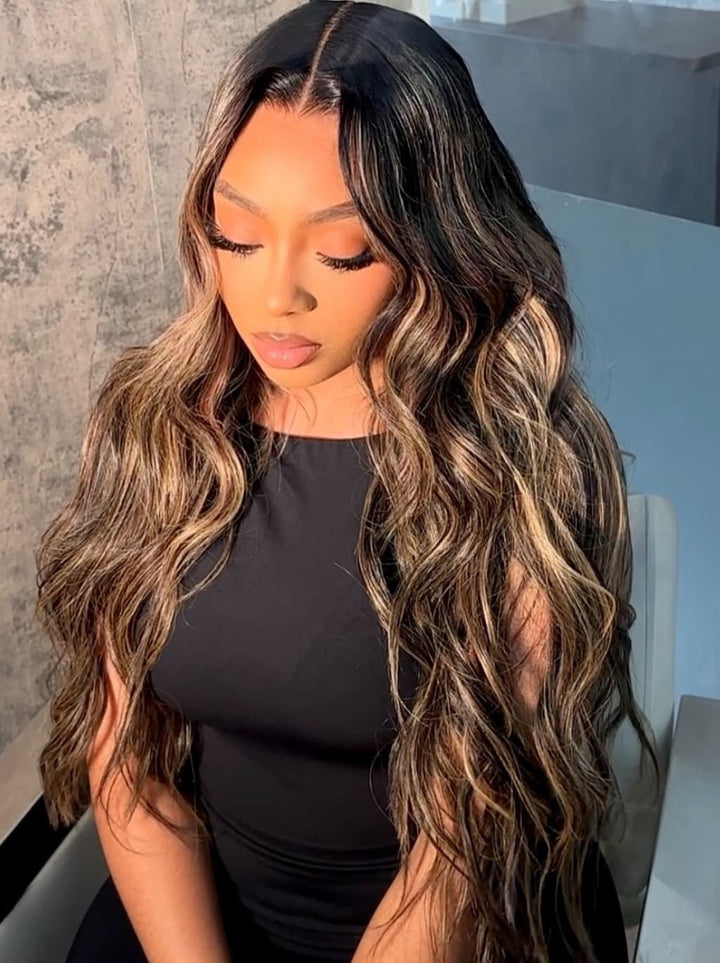 Dorsanee Balayage Brown Highlights Beach Body Wave 13x4 Lace Front Human Hair Wigs