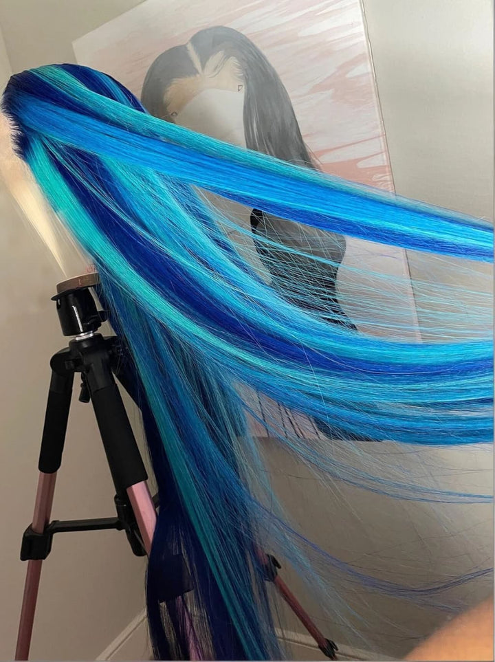 Dorsanee Balayage Dark Light Ocean Blue Money Piece 13x4 Lace Front Human Hair Wigs