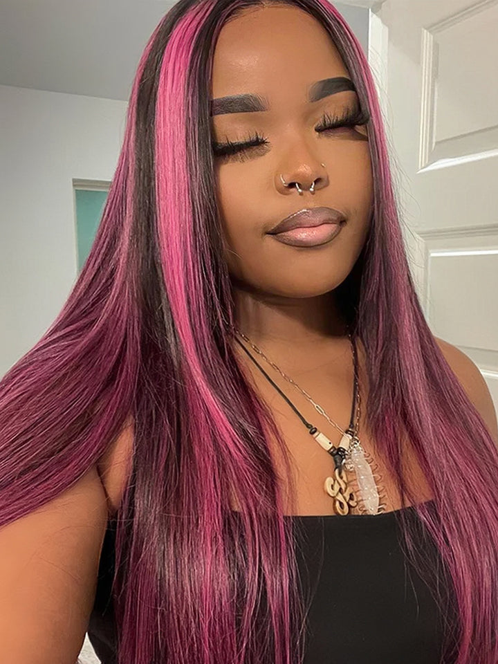 Dorsanee Black Mix Purple Highlights 13x4 Transparent Lace Front Straight Human Hair Wigs Popular