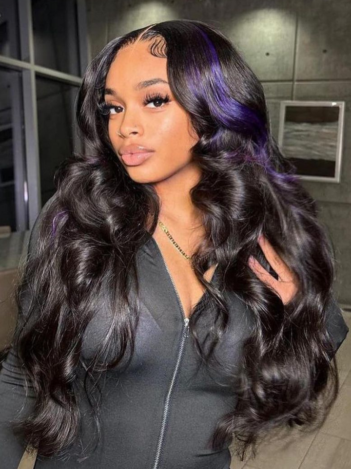 Dorsanee Black Wig With Lavender Purple Streaks 200 Density 13x4 Lace Front Body Wave Human Hair Wigs