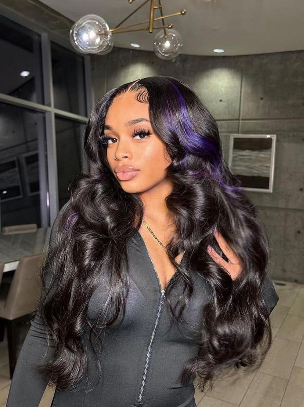 Dorsanee Black Wig With Lavender Purple Streaks 200 Density 13x4 Lace Front Body Wave Human Hair Wigs