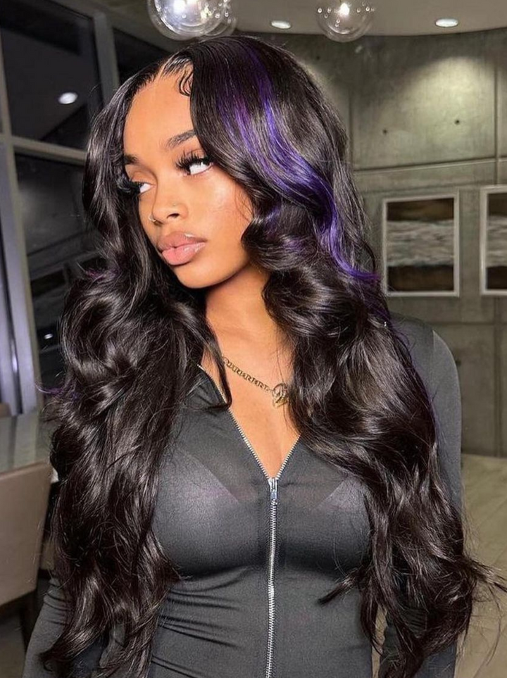 Dorsanee Black Wig With Lavender Purple Streaks 200 Density 13x4 Lace Front Body Wave Human Hair Wigs