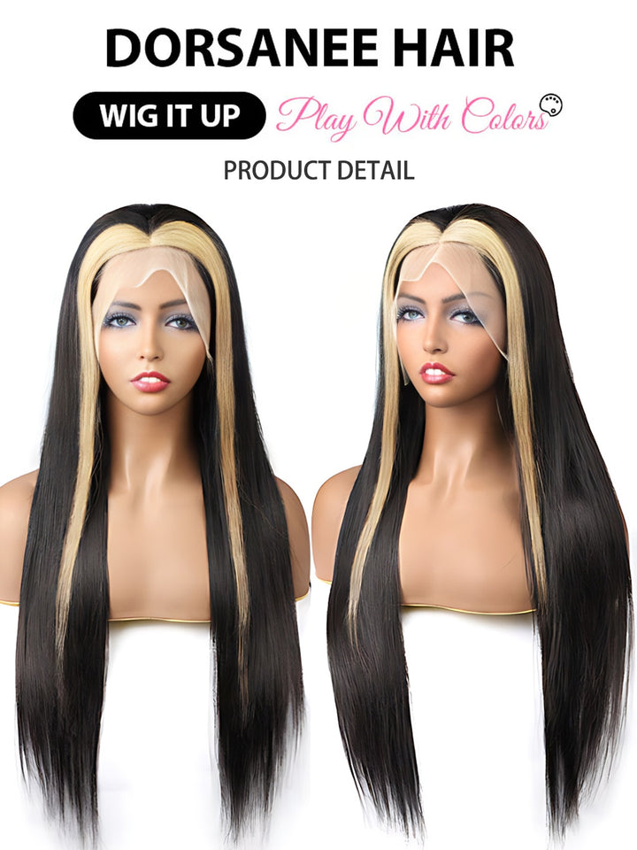 Dorsanee Black Wig with Blonde Skunk Stripe 13x4 Lace Front Straight Human Hair Wigs