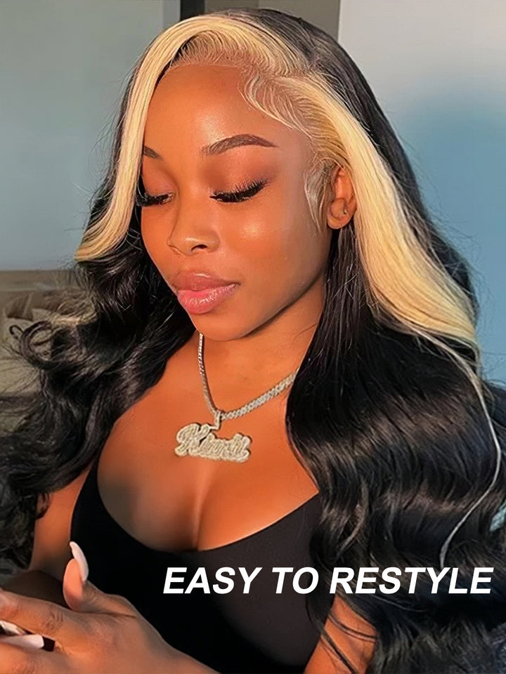 Dorsanee Black Wig with Blonde Skunk Stripe Body Wave 13x4 Lace Front Human Hair Wigs