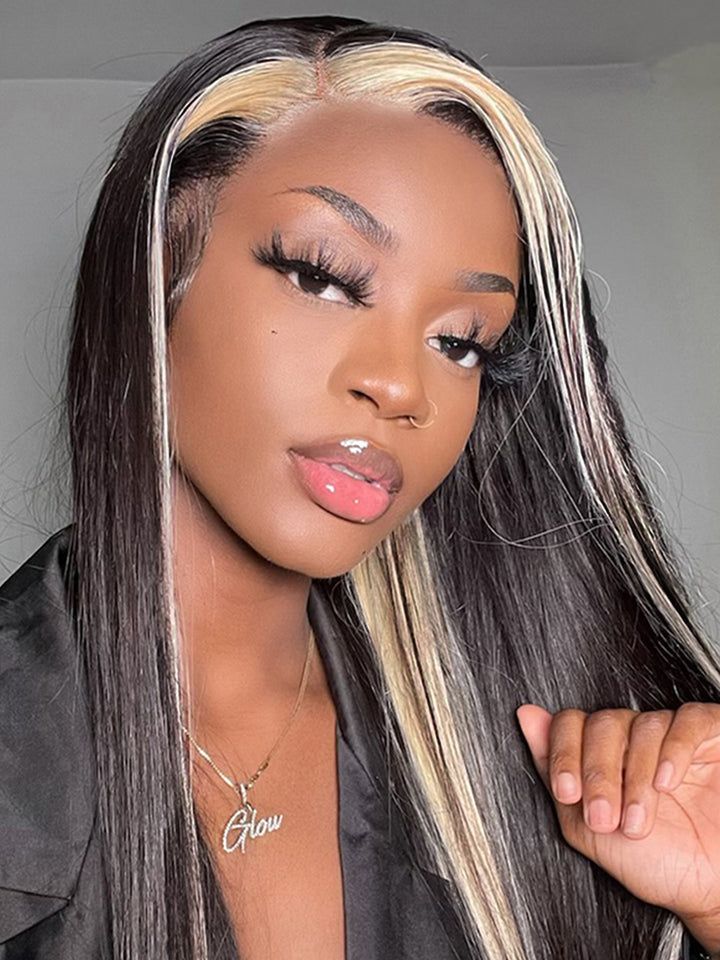Dorsanee Black Wig with Blonde Skunk Stripe Straight 13x4 Lace Front Human Hair Wigs Per Bleached