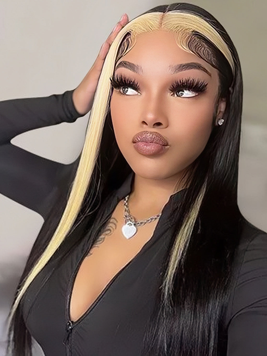 Dorsanee Black Wig with Blonde Skunk Stripe Straight 13x4 Lace Front Human Hair Wigs Per Plucked Bleached