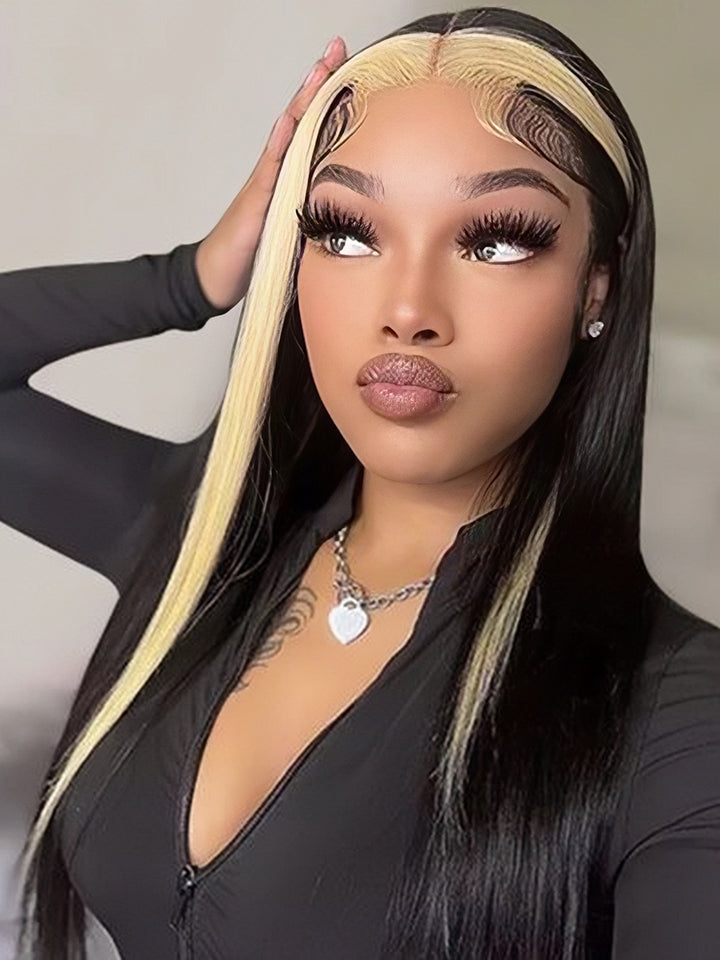 Dorsanee Black Wig with Blonde Skunk Stripe Straight 13x4 Lace Front Human Hair Wigs Per Plucked Bleached