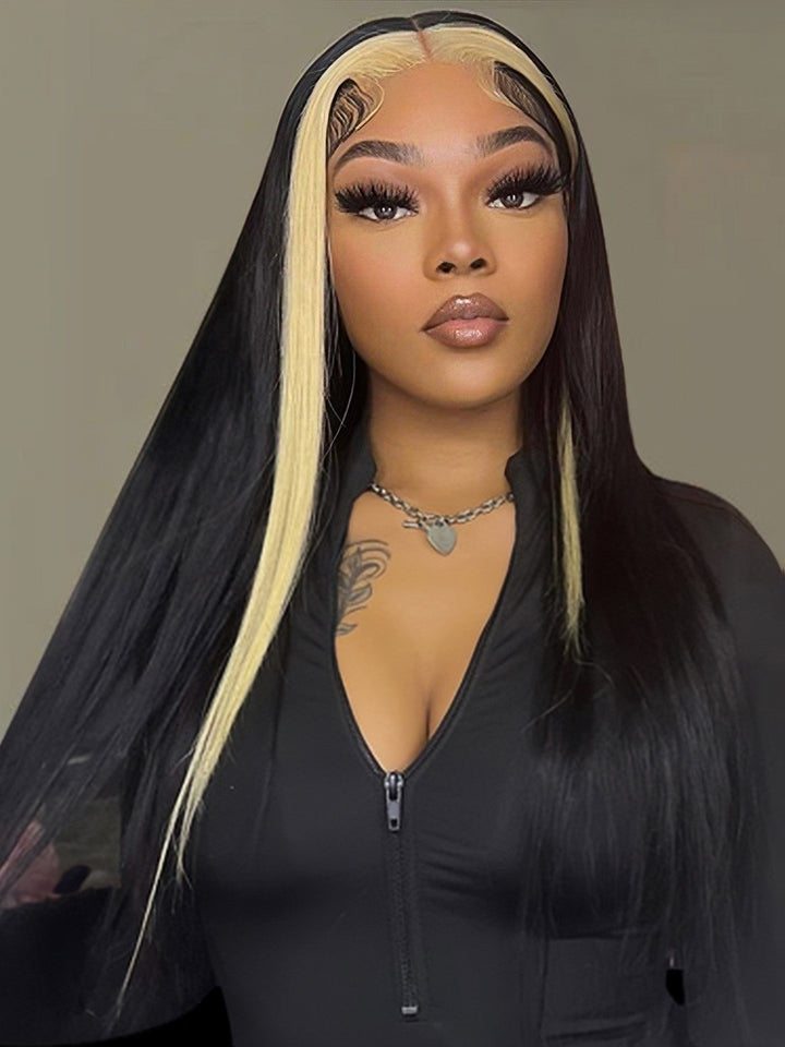 Dorsanee Black Wig with Blonde Skunk Stripe Straight 13x4 Lace Front Human Hair Wigs Per Plucked Bleached For Women Colored Wig