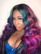 Dorsanee Black With Blue Green Purple Pink Highlight Dark Roots 13x4 Lace Front Human Hair Wigs