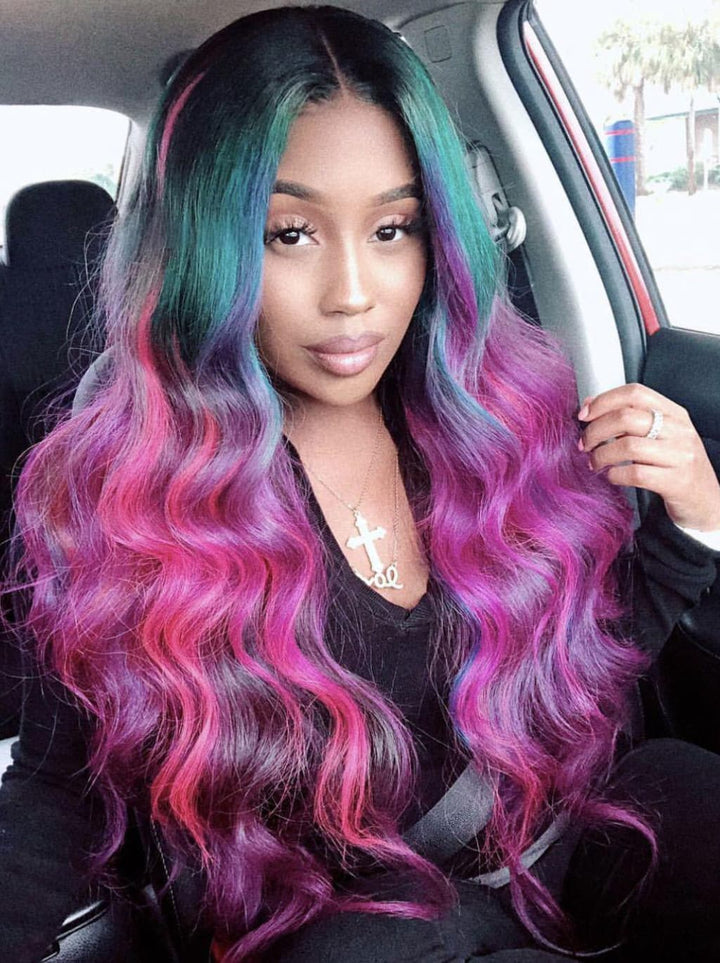 Dorsanee Black With Blue Green Purple Pink Highlight Dark Roots 13x4 Lace Front Human Hair Wigs