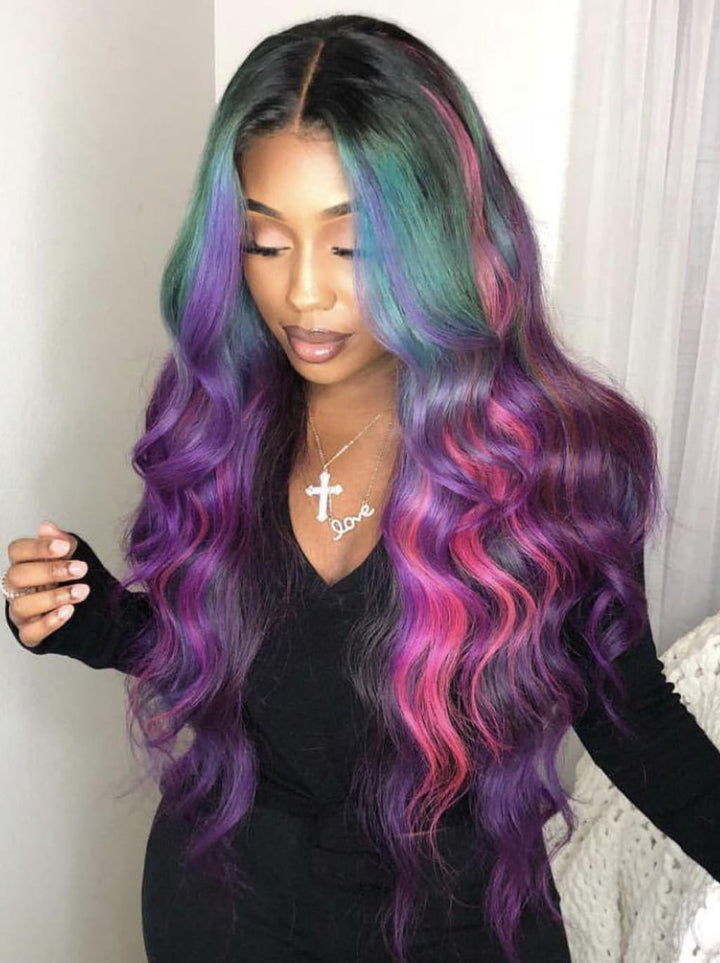 Dorsanee Black With Blue Green Purple Pink Highlight Dark Roots 13x4 Lace Front Human Hair Wigs