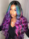 Dorsanee Black With Blue Green Purple Pink Highlight Dark Roots 13x4 Lace Front Human Hair Wigs