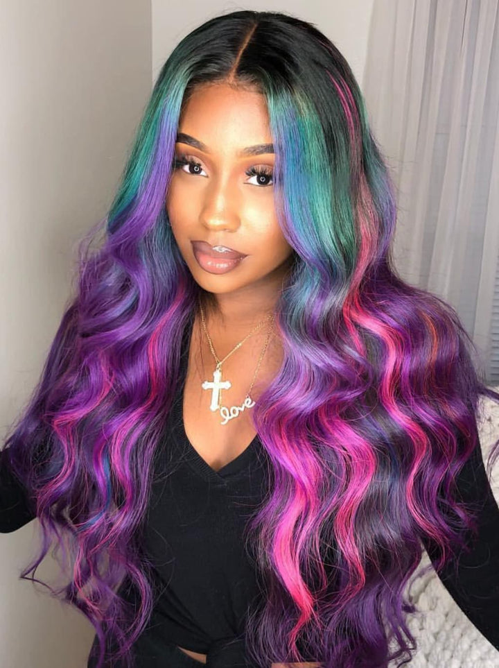 Dorsanee Black With Blue Green Purple Pink Highlight Dark Roots 13x4 Lace Front Human Hair Wigs
