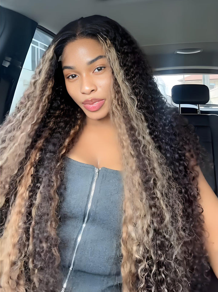 Dorsanee Black With Brown Highlights Deep Wave Curly 13x4 Lace Front Human Hair Wigs