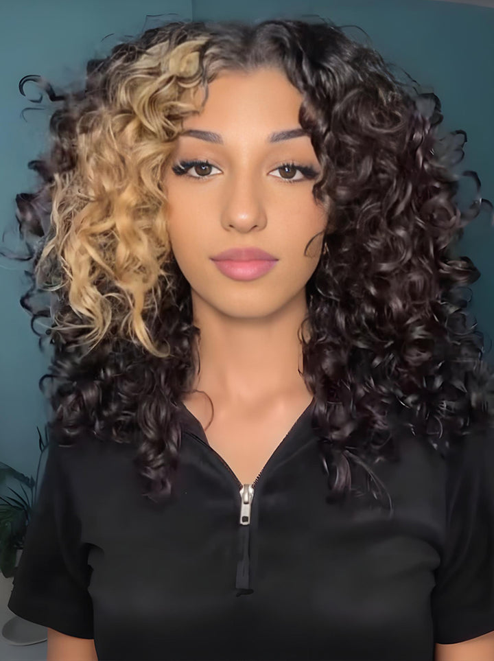 Dorsanee Black With Brown Streaks Short Bob Bouncy Curls 13x4 Lace Front Human Hair Wigs