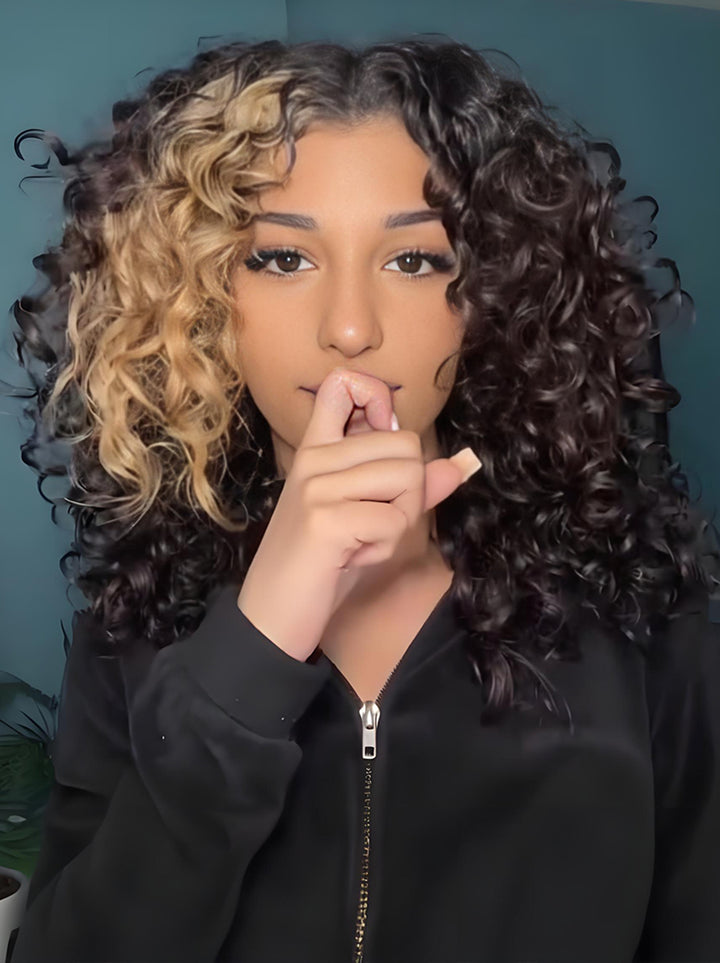 Dorsanee Black With Brown Streaks Short Bob Bouncy Curls 13x4 Lace Front Human Hair Wigs