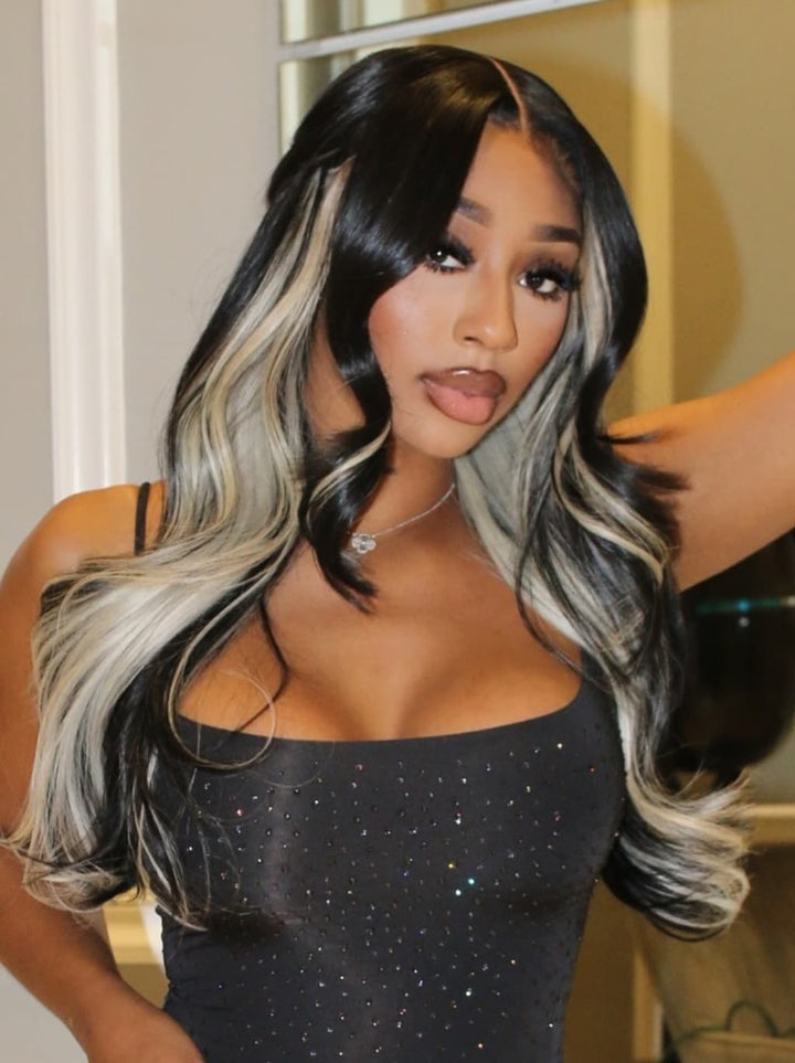 Dorsanee Black With Gray Blonde Streaks 13x4 Lace Front Virgin Human Hair Wigs 200 Density