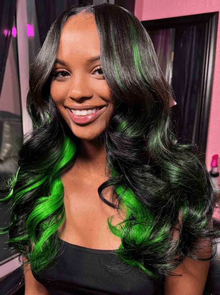 Dorsanee Black With Green Highlight Streaks Lace Front Human Hair Wigs