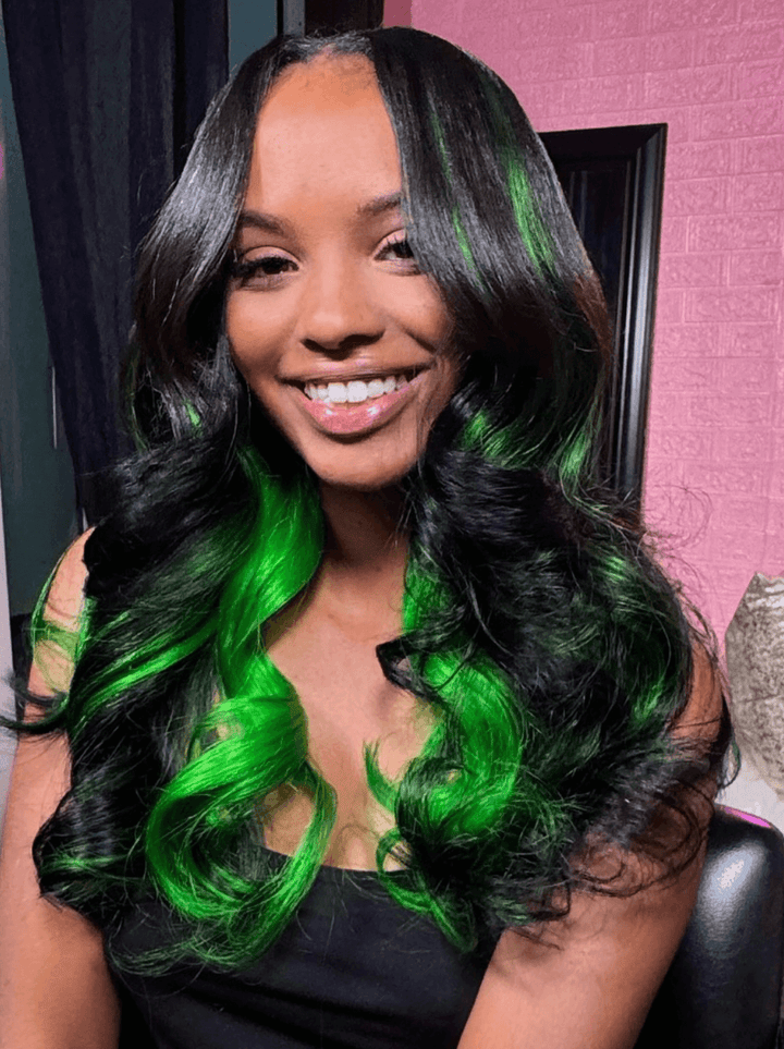 Dorsanee Black With Green Highlight Streaks Lace Front Human Hair Wigs