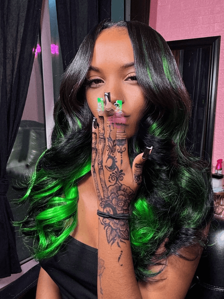 Dorsanee Black With Green Highlight Streaks Lace Front Human Hair Wigs