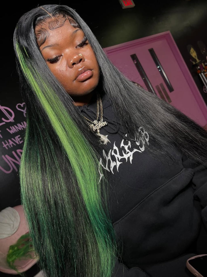 Dorsanee Black With Green Highlights 13x4 Lace Front Human Hair Wigs 200 Density