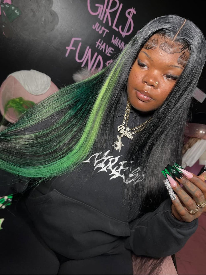 Dorsanee Black With Green Highlights 13x4 Lace Front Human Hair Wigs 200 Density