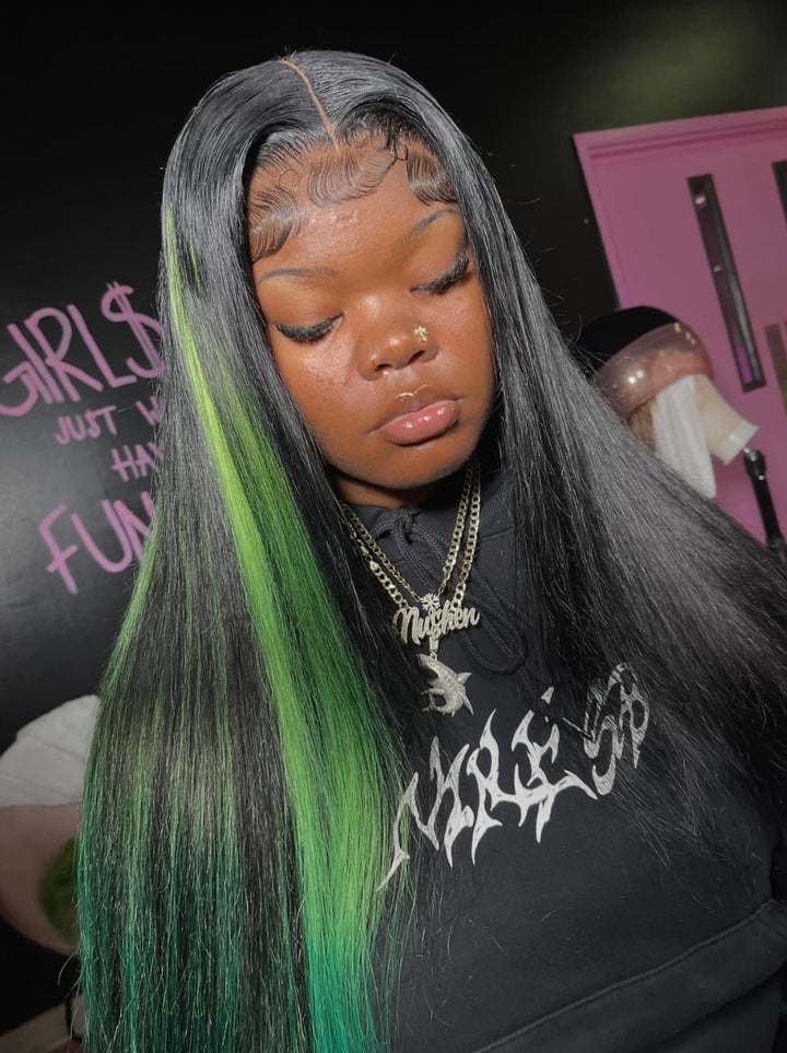 Dorsanee Black With Green Highlights 13x4 Lace Front Human Hair Wigs 200 Density