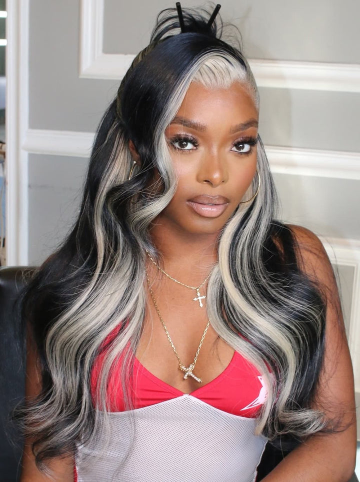 Dorsanee Black With Grey Blonde Skunk Stripe Highlights 13x4 Lace Front Human Hair Wigs 200 Density