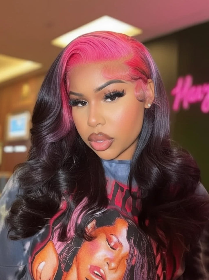 Dorsanee Black With Hot Pink Roots 13x4 Lace Front Human Hair Wigs 200 Density