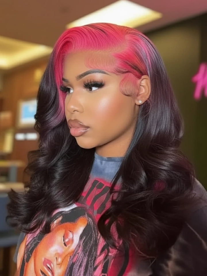 Dorsanee Black With Hot Pink Roots 13x4 Lace Front Human Hair Wigs 200 Density