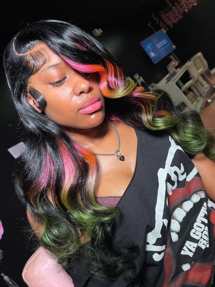 Dorsanee Black With Ombre Pink Ginger Green Streaks 13x4 Lace Front Human Hair Wigs 200 Density