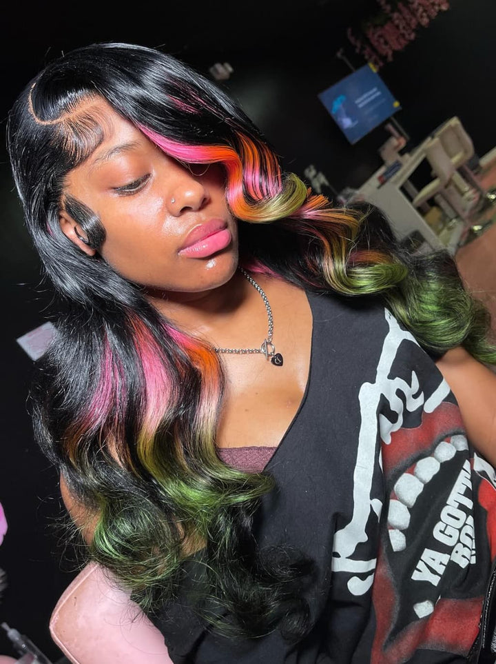 Dorsanee Black With Ombre Pink Ginger Green Streaks 13x4 Lace Front Human Hair Wigs 200 Density