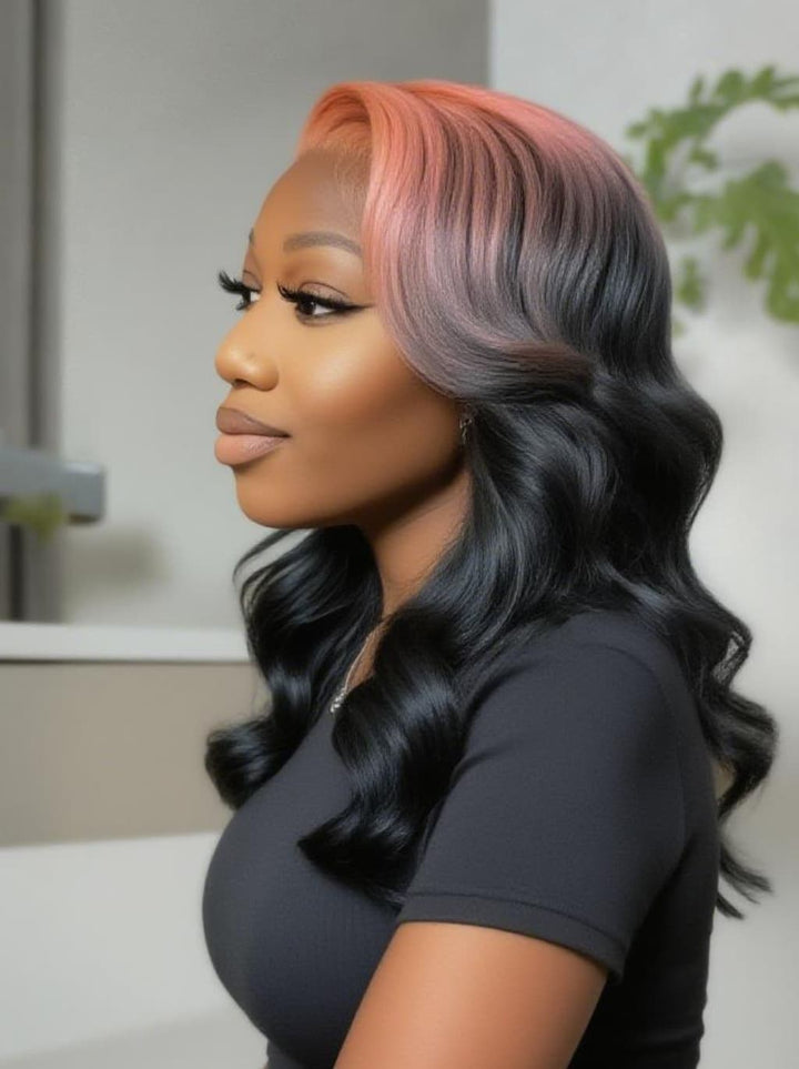 Dorsanee Black With Peach Pink Roots 13x4 Lace Front Human Hair Wigs 200 Density