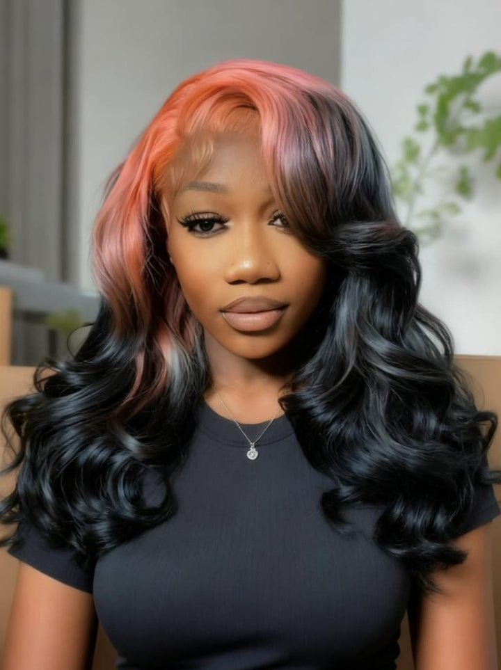 Dorsanee Black With Peach Pink Roots 13x4 Lace Front Human Hair Wigs 200 Density