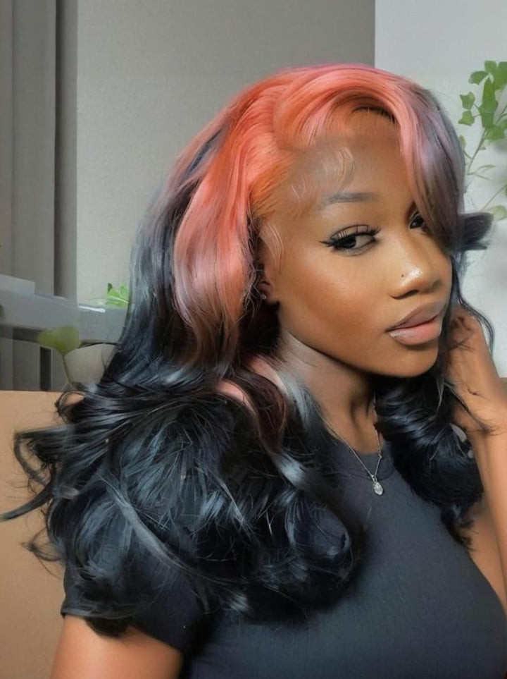 Dorsanee Black With Peach Pink Roots 13x4 Lace Front Human Hair Wigs 200 Density