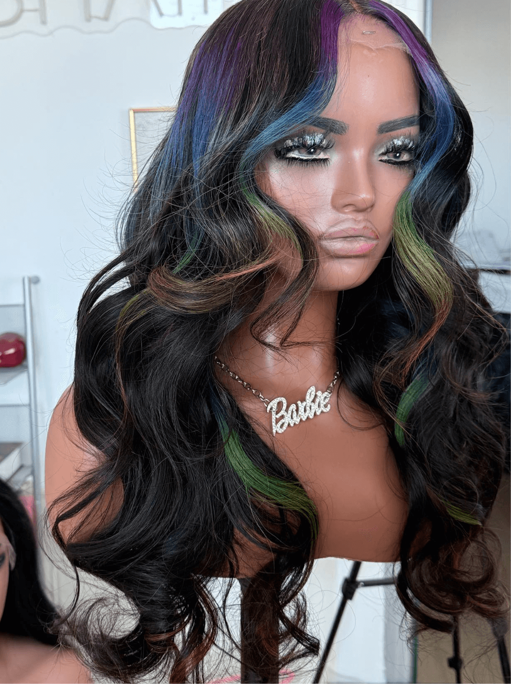 Dorsanee Black With Purple Blue Green Skunk Stripe HD Lace Front Human Hair Wig